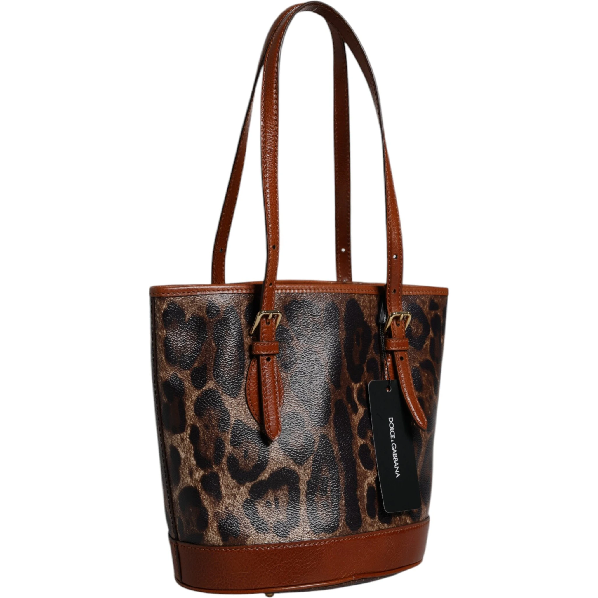Brown Leopard Leather Shoulder Strap Tote Bag