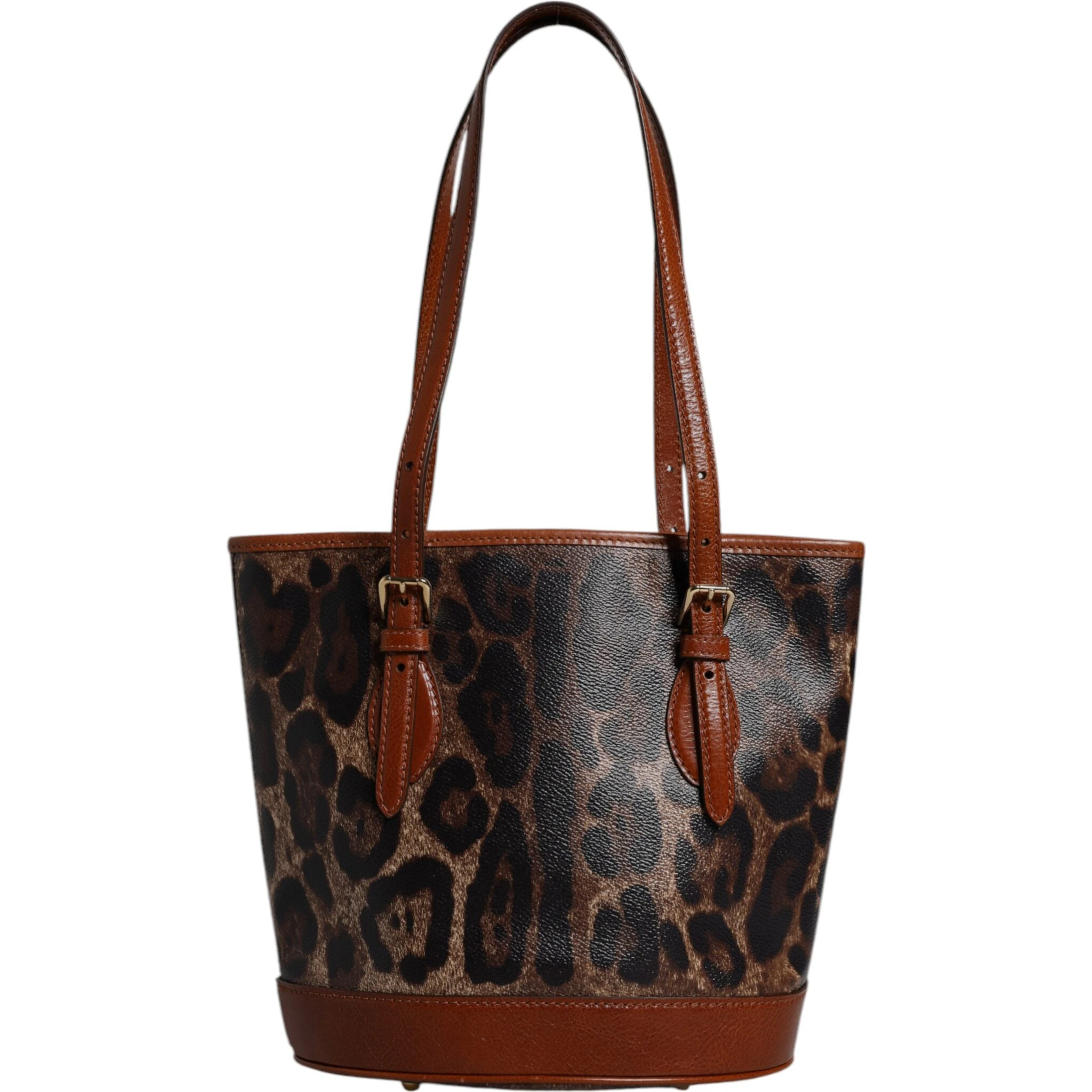 Brown Leopard Leather Shoulder Strap Tote Bag