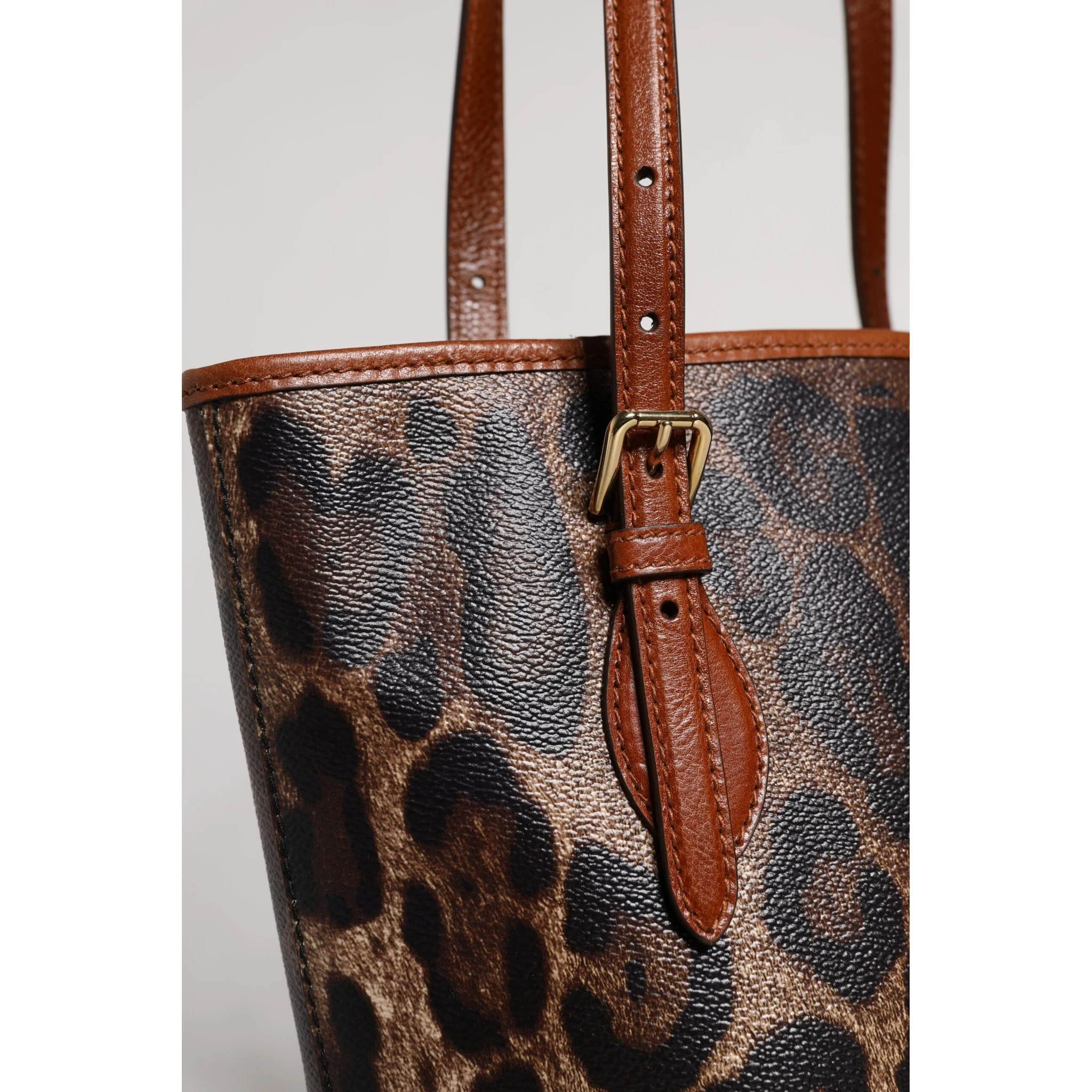 Brown Leopard Leather Shoulder Strap Tote Bag