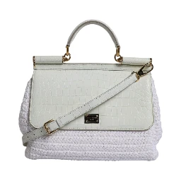 White Rafia Leather Top Handle Crossbody Bag