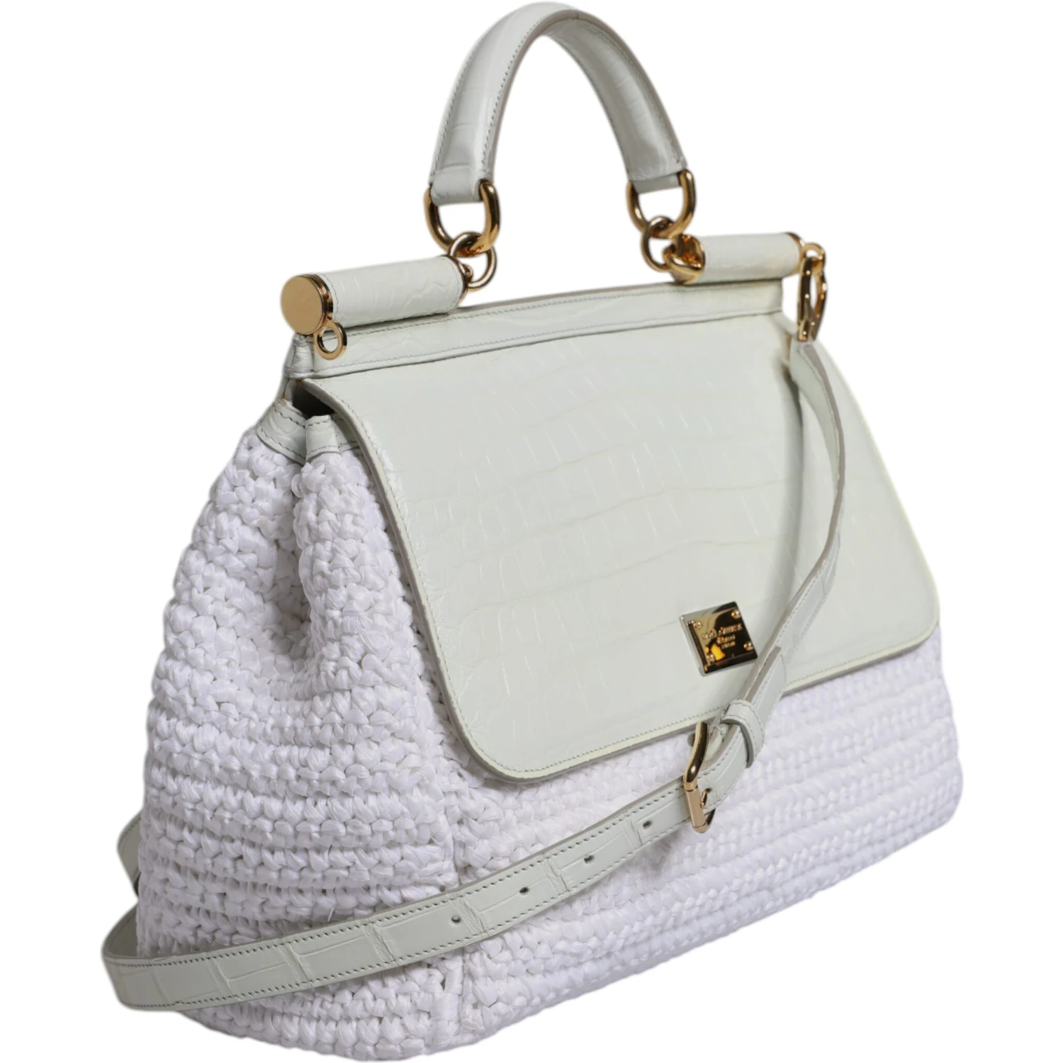 White Rafia Leather Top Handle Crossbody Bag
