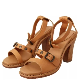 Brown Leather Studded Ankle Strap Sandals Shoes