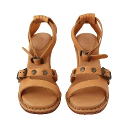 Brown Leather Studded Ankle Strap Sandals Shoes