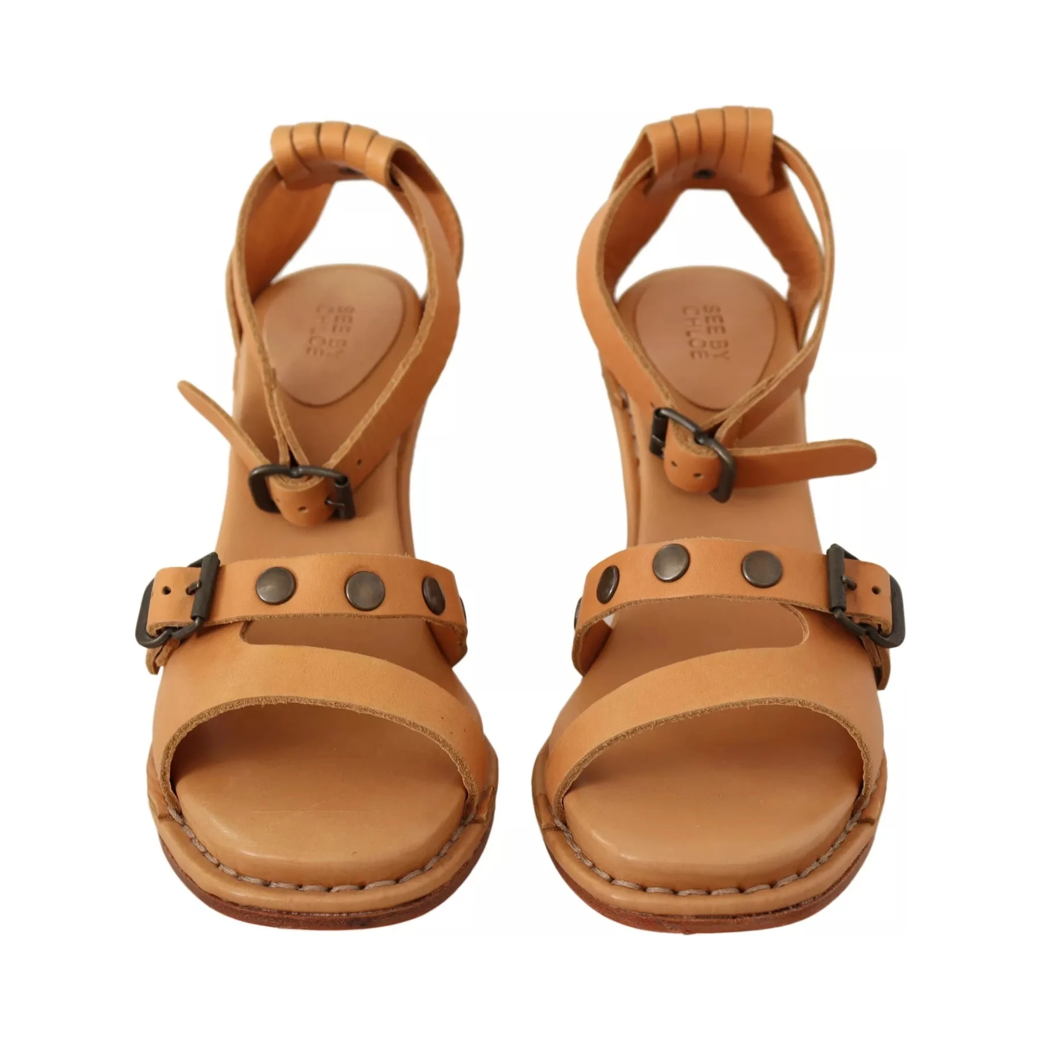 Brown Leather Studded Ankle Strap Sandals Shoes