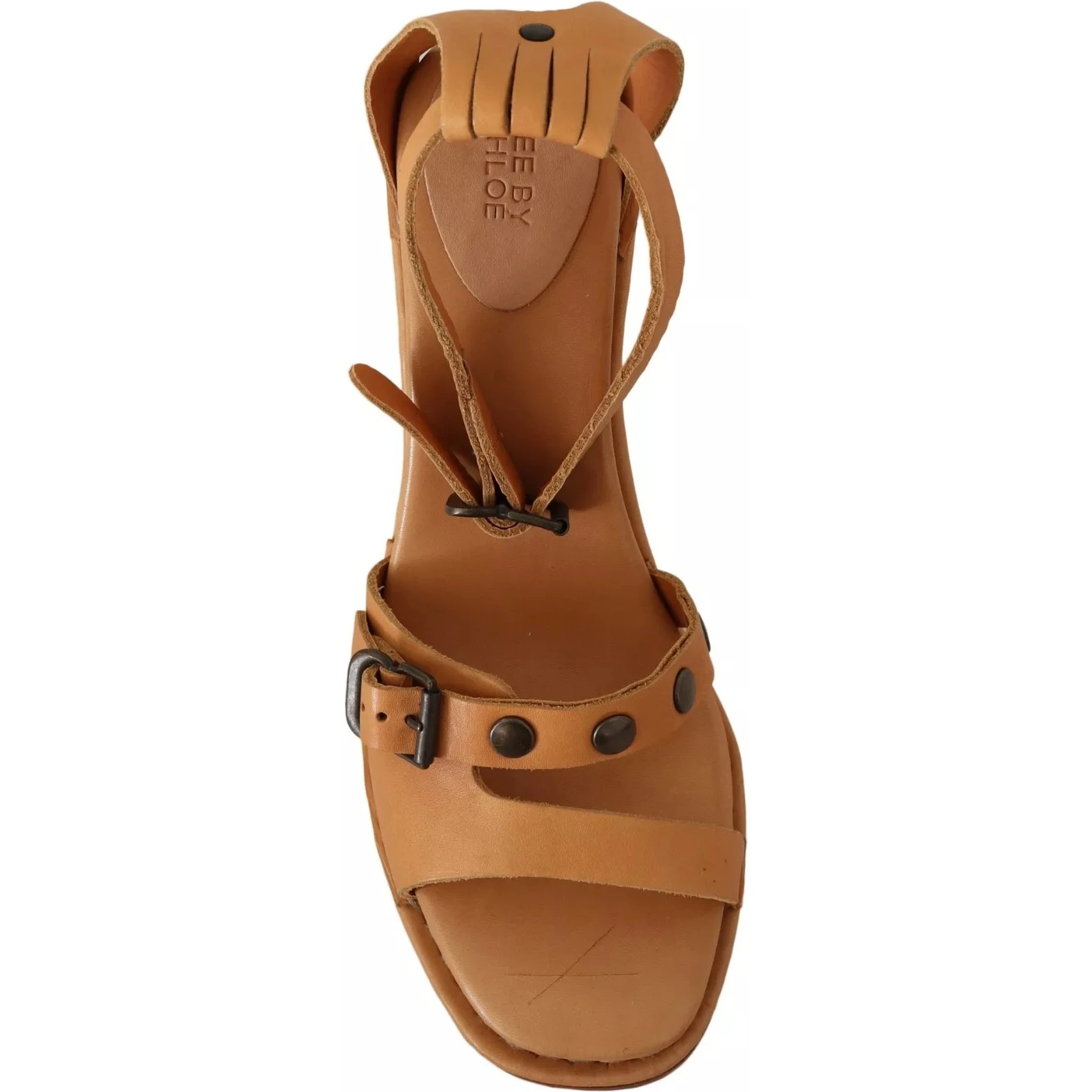 Brown Leather Studded Ankle Strap Sandals Shoes