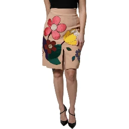 Beige Floral High Waist Pencil Cut Skirt