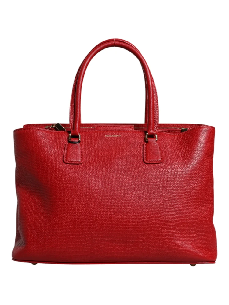 Red Calfskin Leather Logo Plaque Top Handle Bag