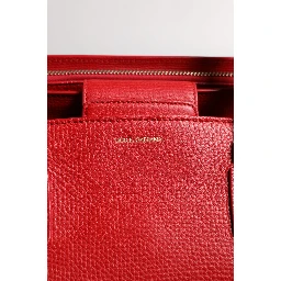 Red Calfskin Leather Logo Plaque Top Handle Bag