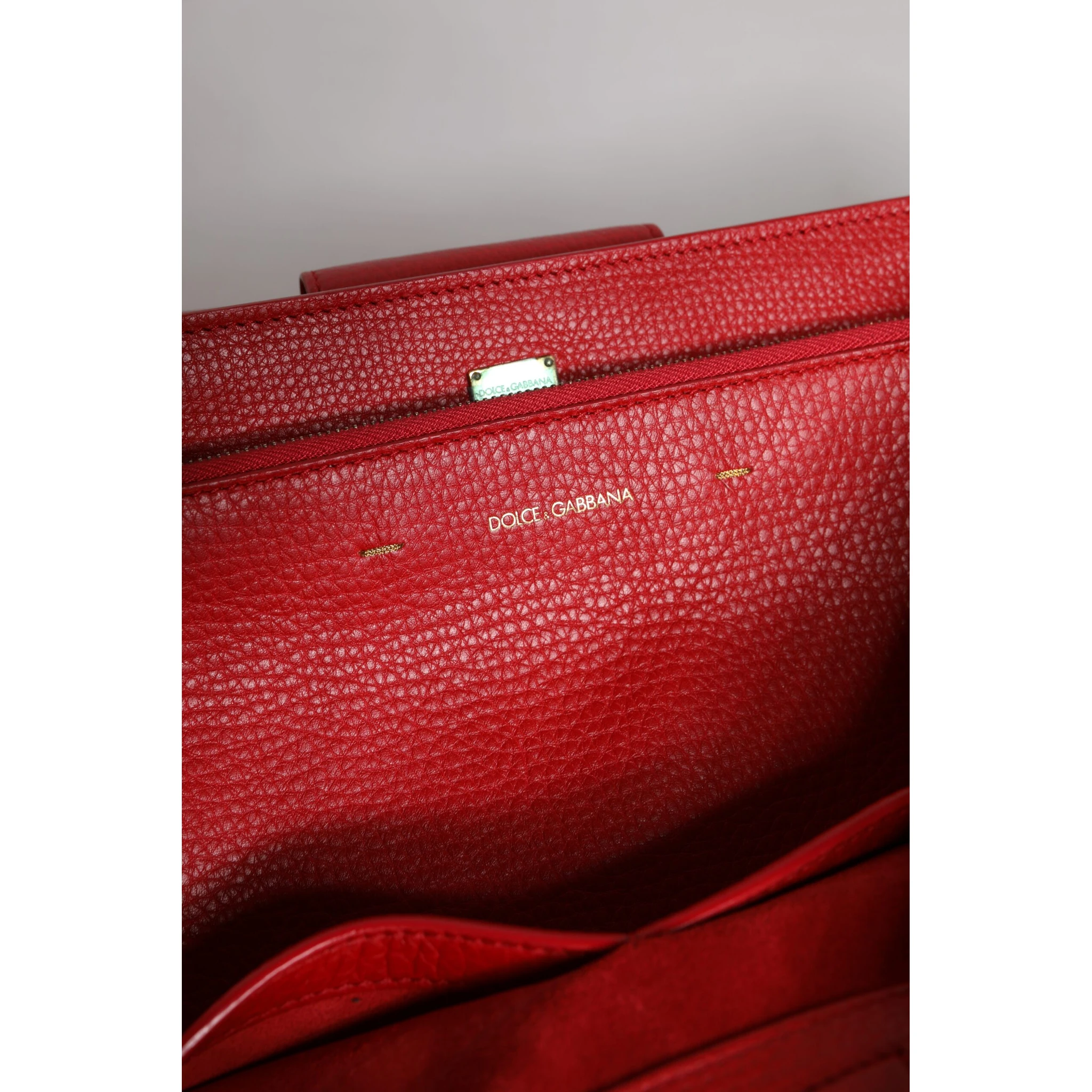 Red Calfskin Leather Logo Plaque Top Handle Bag