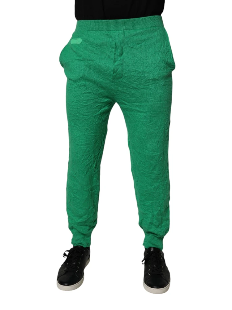 Green Cotton Elastic Waist Men Casual Pants