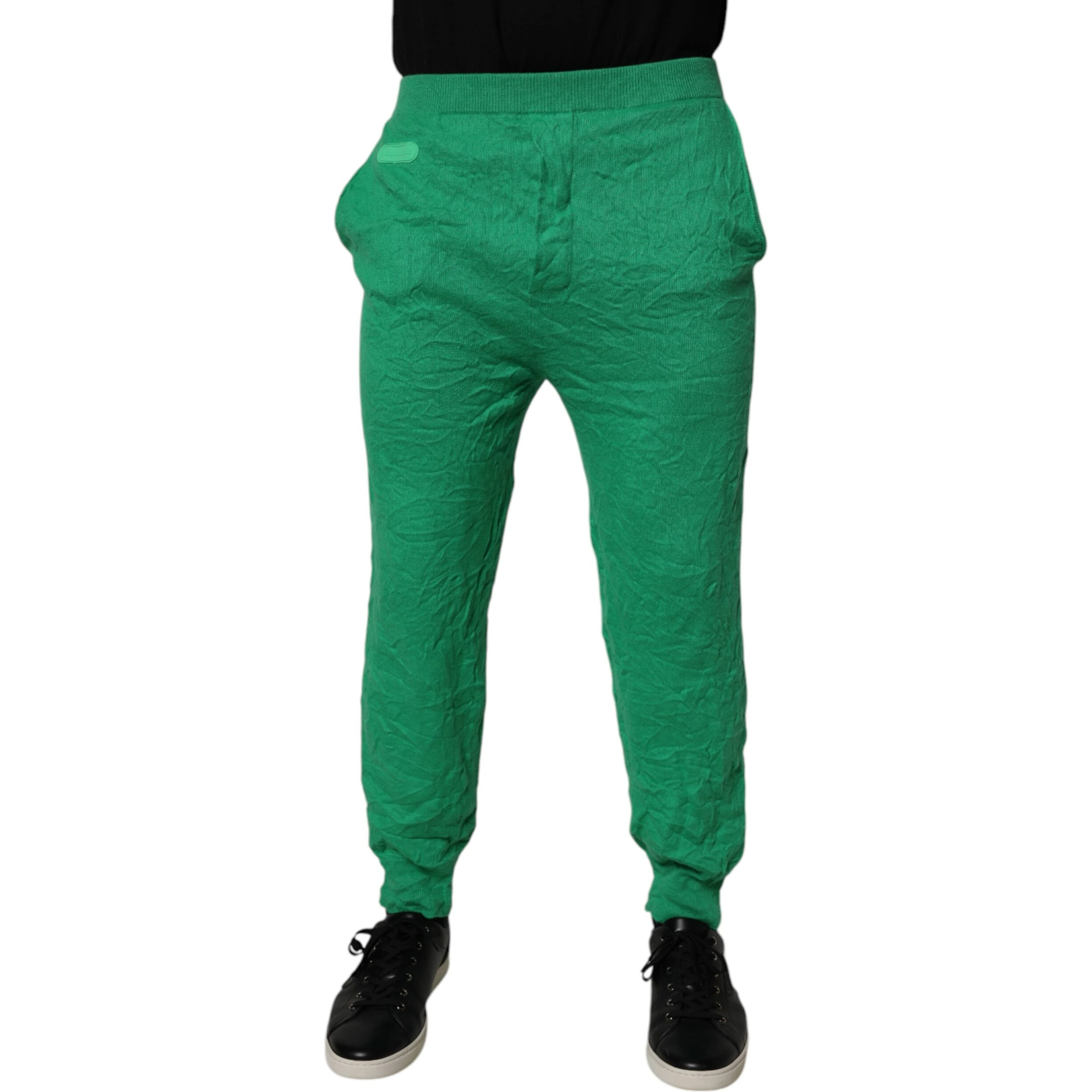 Green Cotton Elastic Waist Men Casual Pants