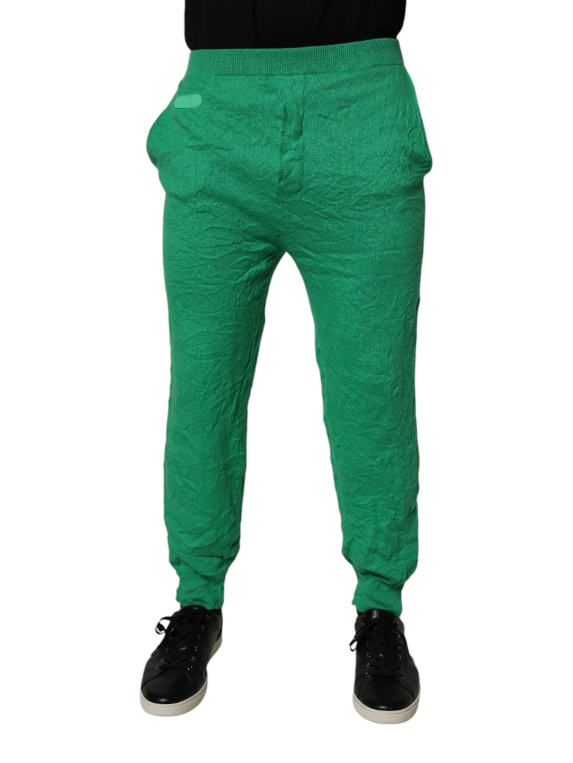 Green Cotton Elastic Waist Men Casual Pants