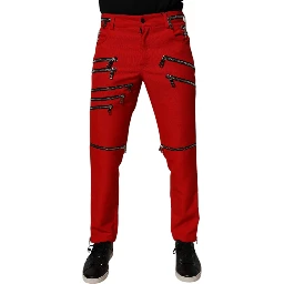 Red Zipper Embellished Straight Pants