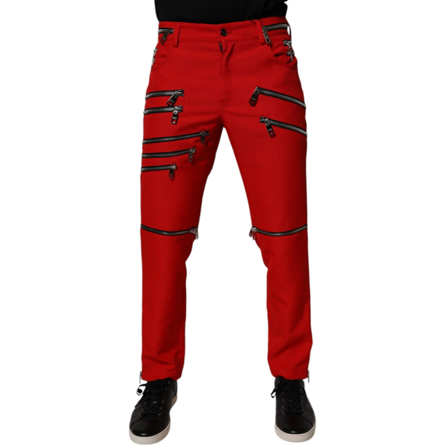 Red Zipper Embellished Straight Pants
