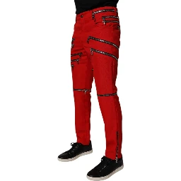 Red Zipper Embellished Straight Pants