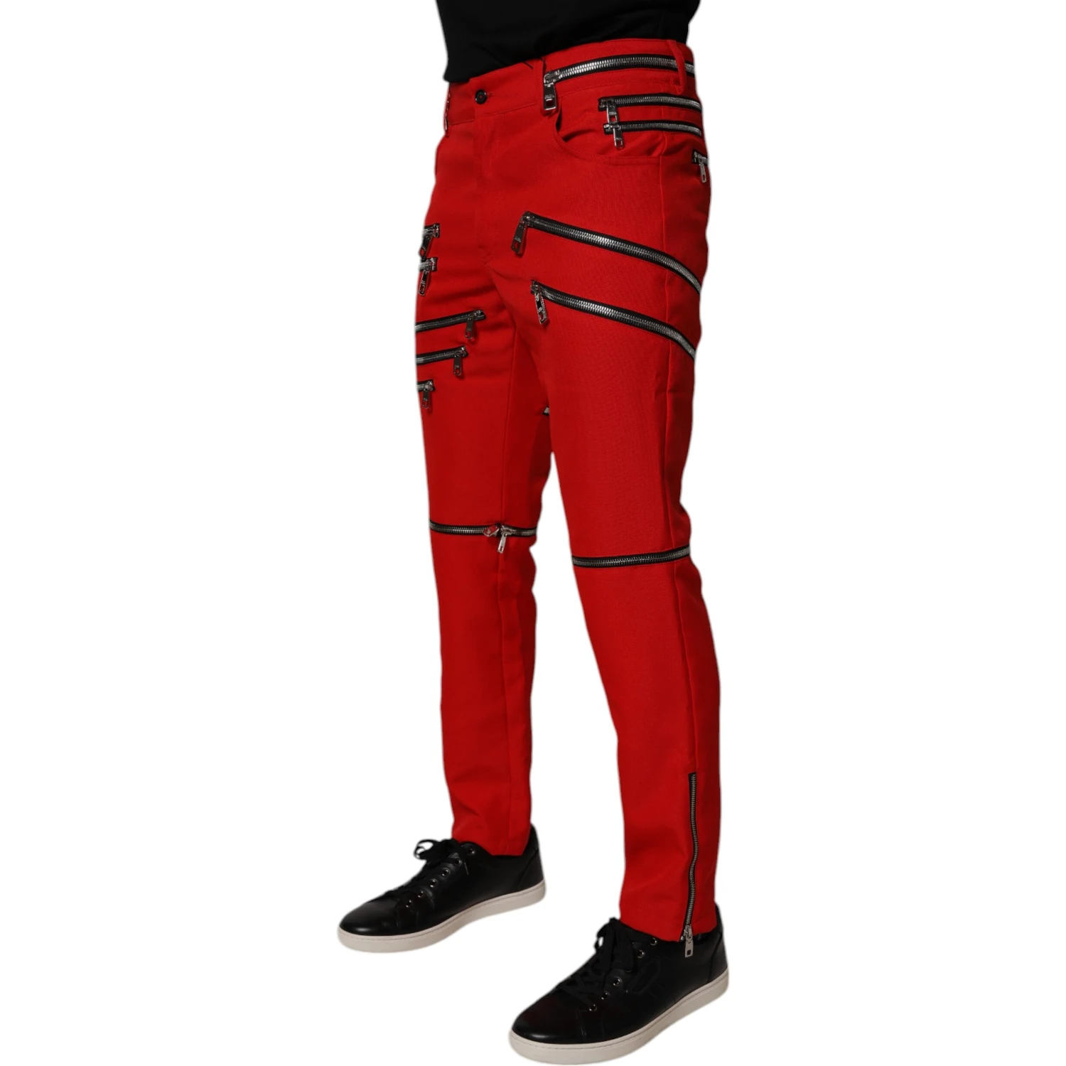 Red Zipper Embellished Straight Pants