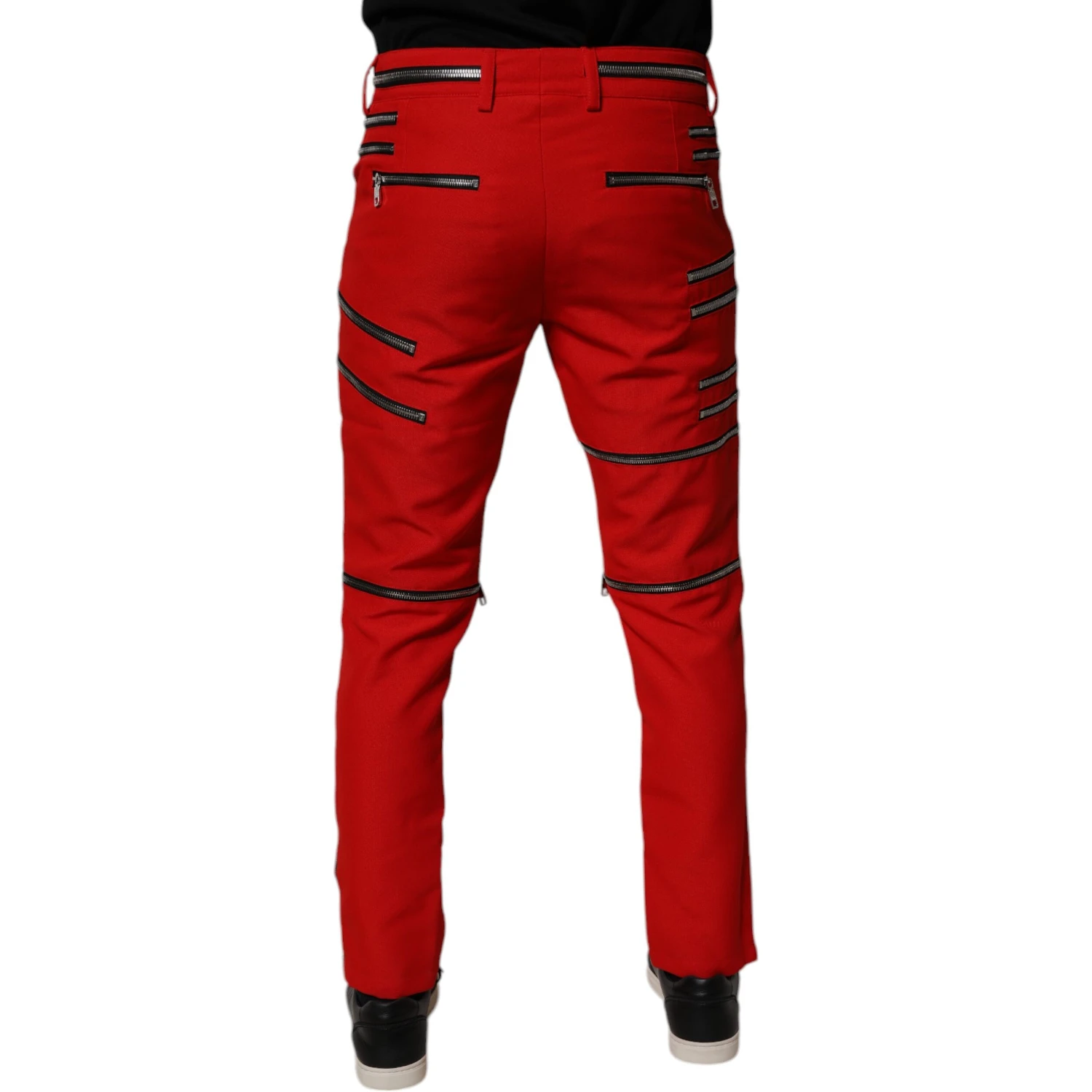 Red Zipper Embellished Straight Pants