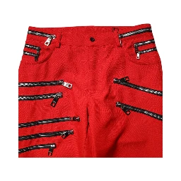 Red Zipper Embellished Straight Pants