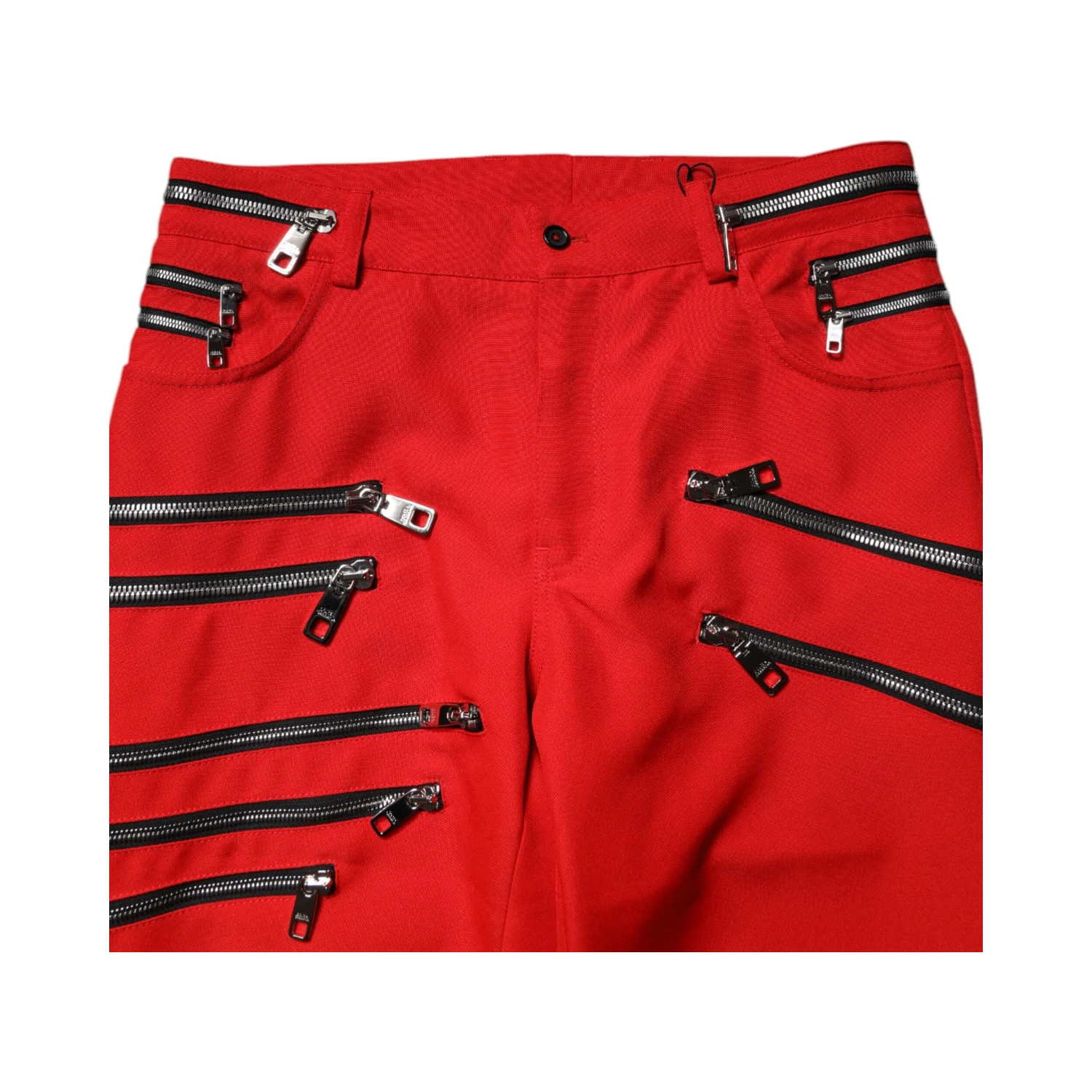Red Zipper Embellished Straight Pants