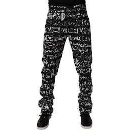 Black Cotton Logo Print Straight Denim Jeans