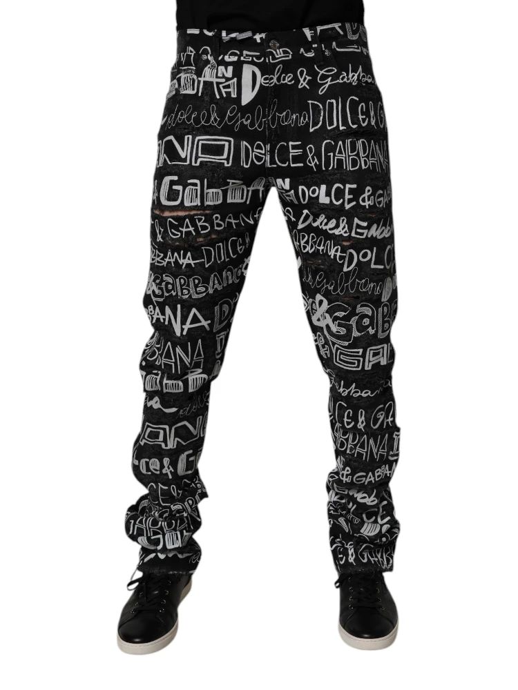 Black Cotton Logo Print Straight Denim Jeans