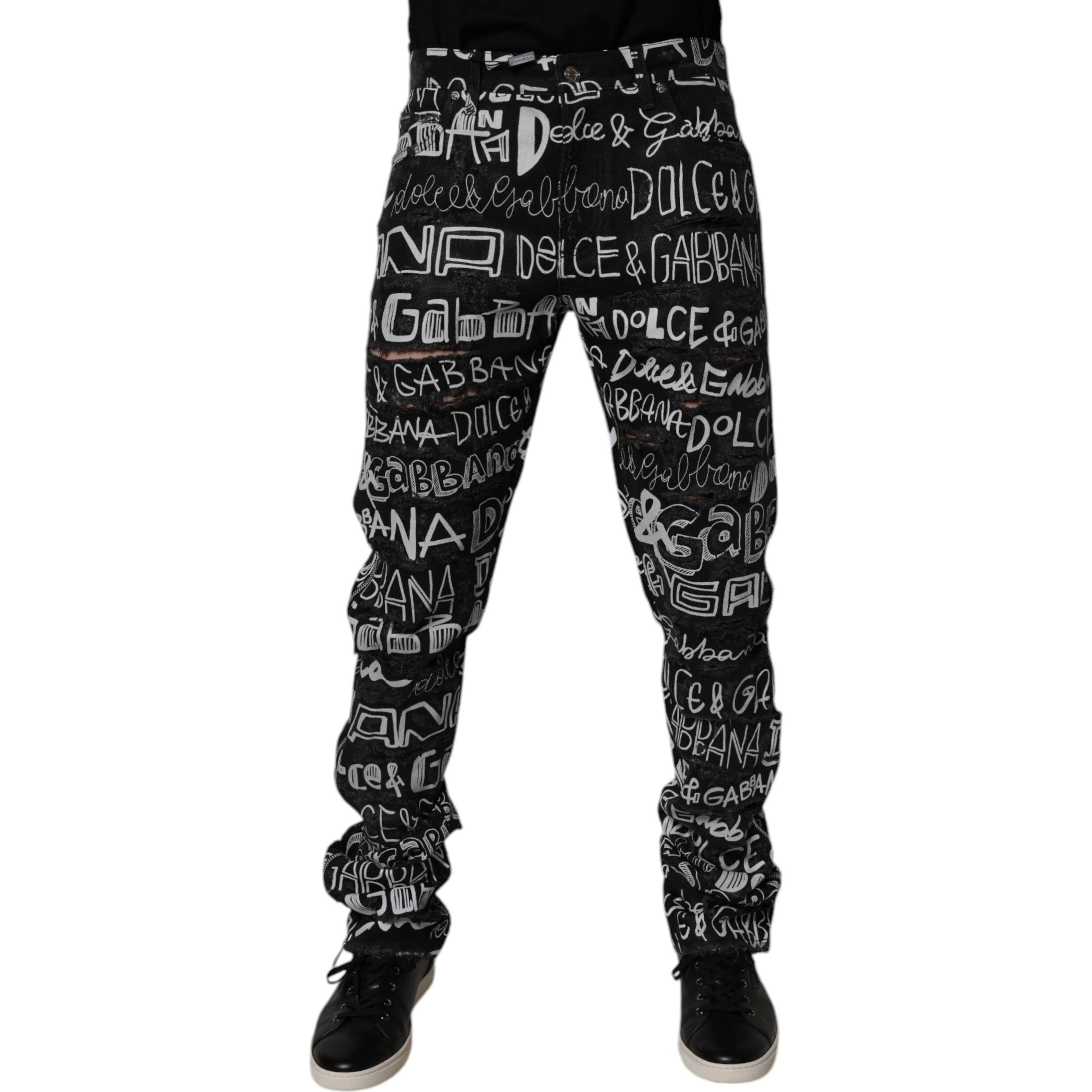 Black Cotton Logo Print Straight Denim Jeans
