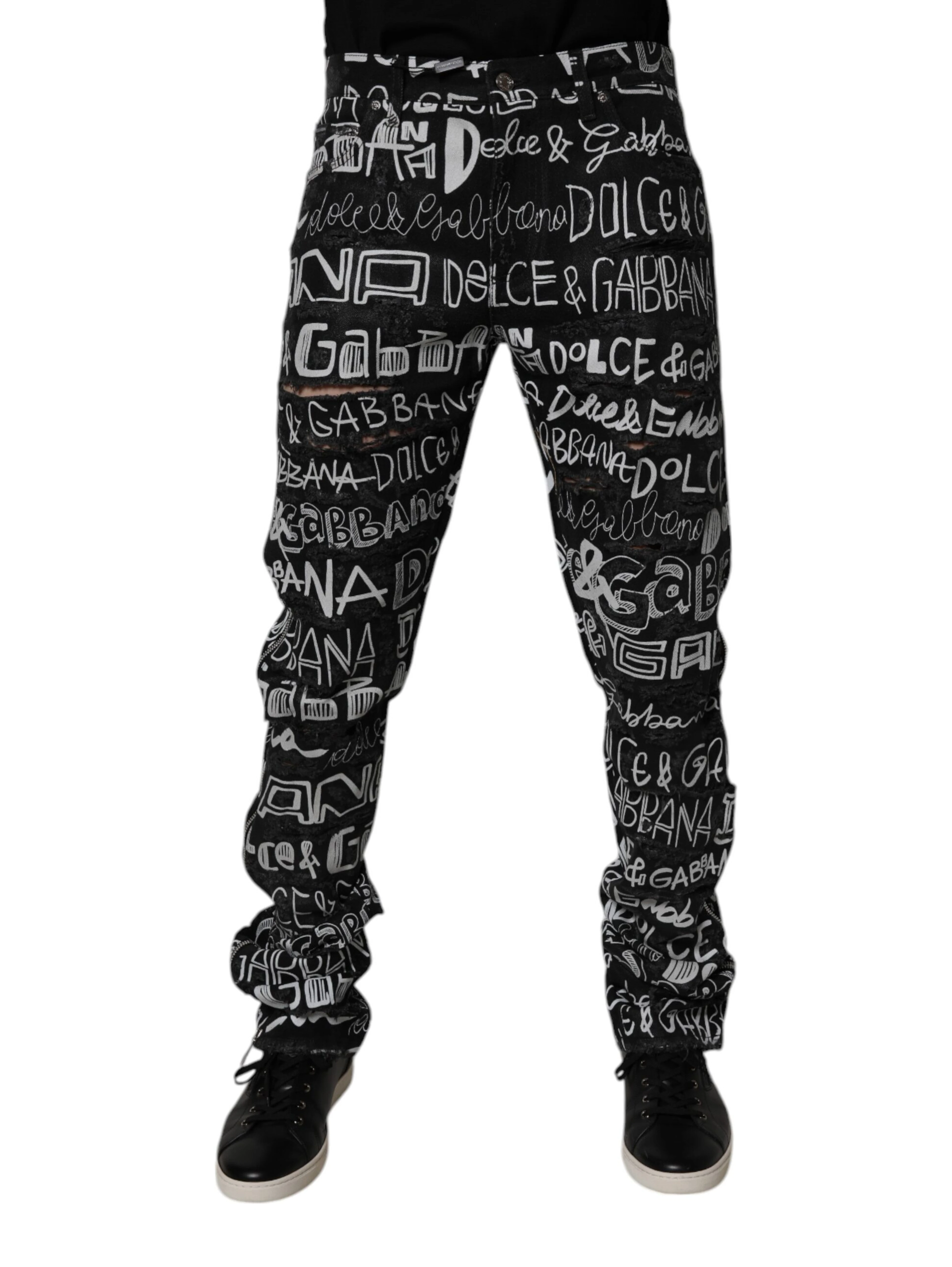 Black Cotton Logo Print Straight Denim Jeans