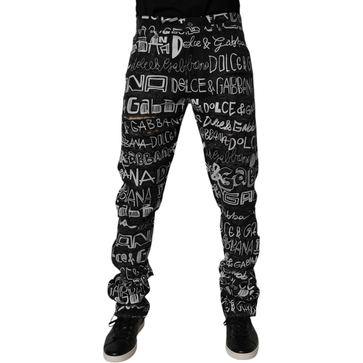 Black Cotton Logo Print Straight Denim Jeans