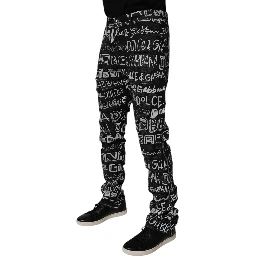 Black Cotton Logo Print Straight Denim Jeans