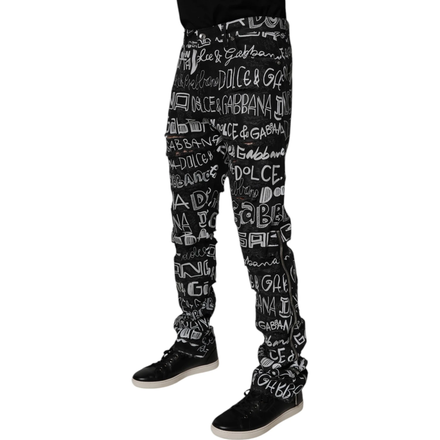 Black Cotton Logo Print Straight Denim Jeans