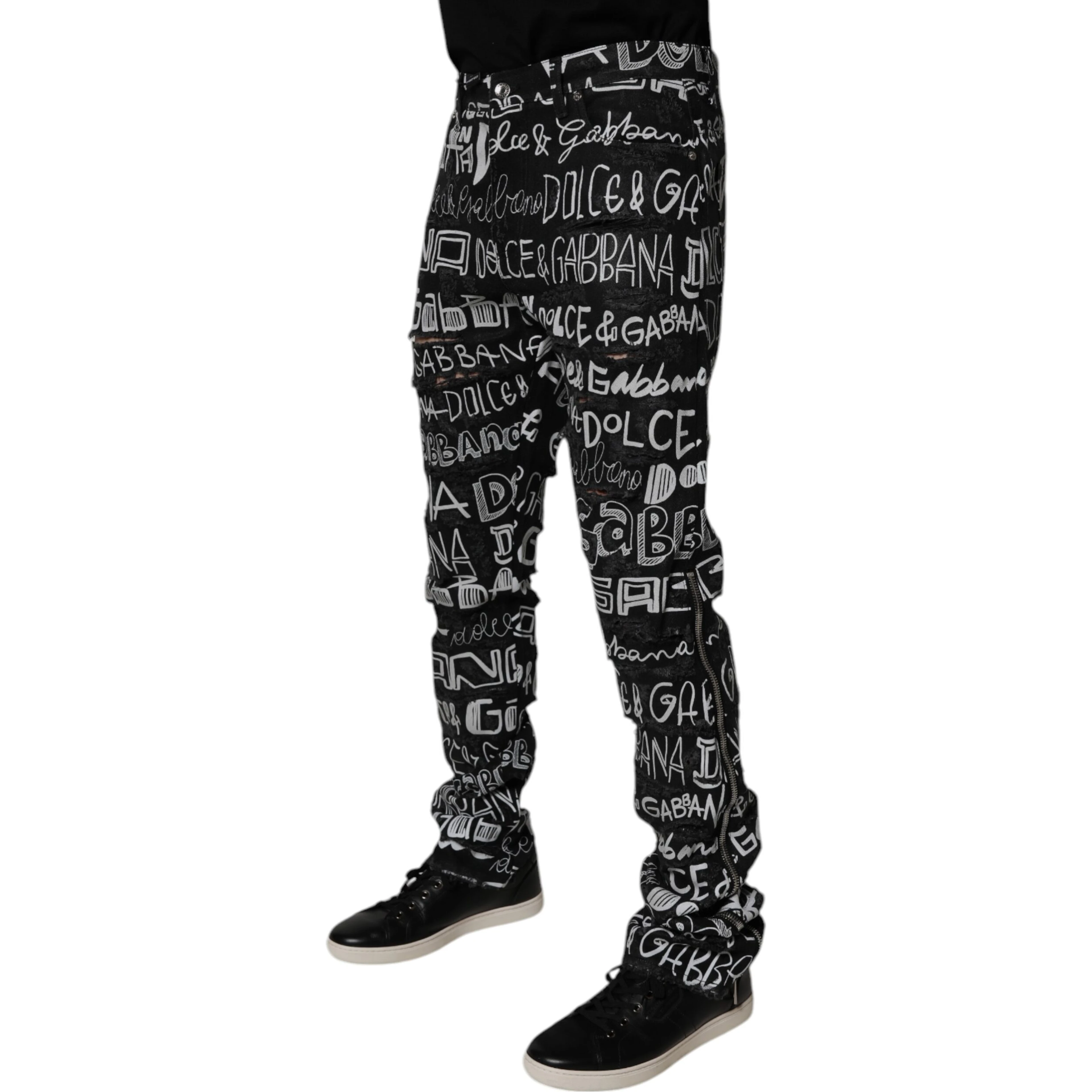 Black Cotton Logo Print Straight Denim Jeans