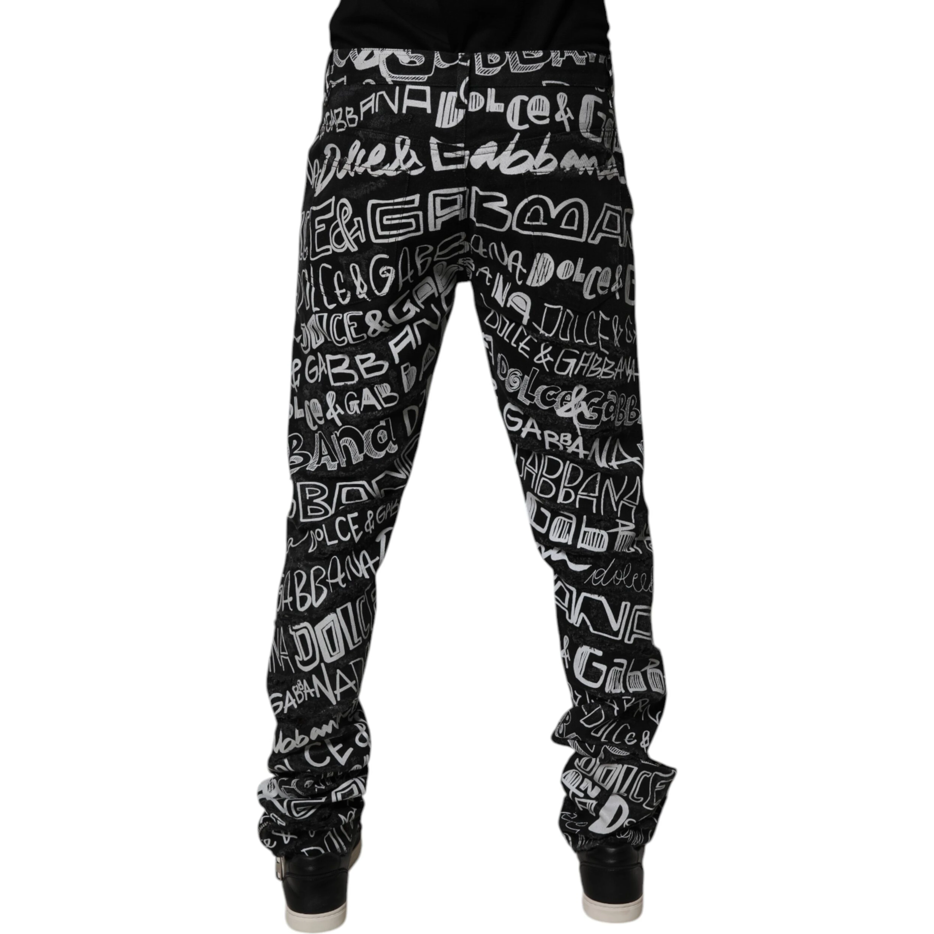 Black Cotton Logo Print Straight Denim Jeans