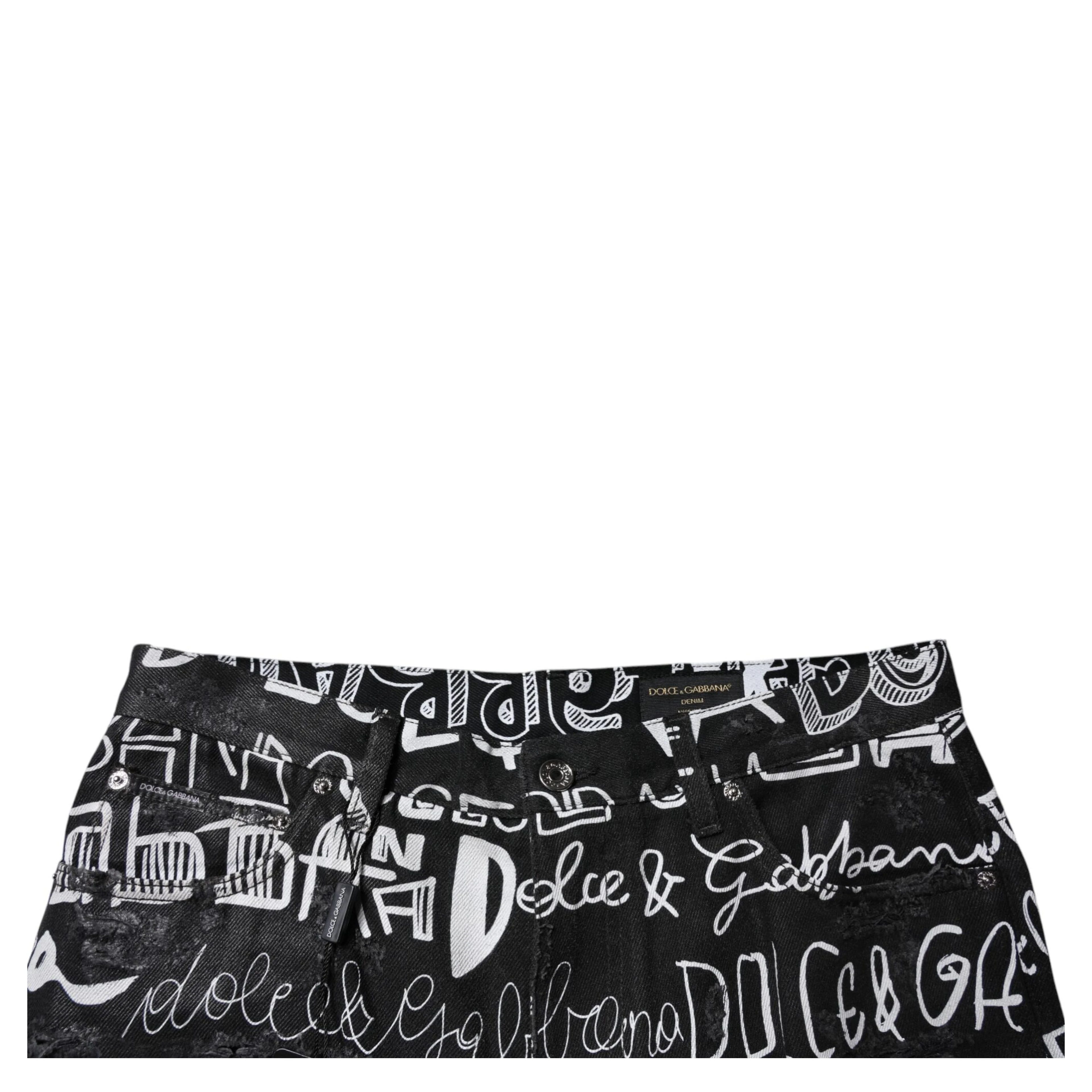 Black Cotton Logo Print Straight Denim Jeans
