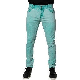 Green Tie Dye Cotton Skinny Men Denim Jeans