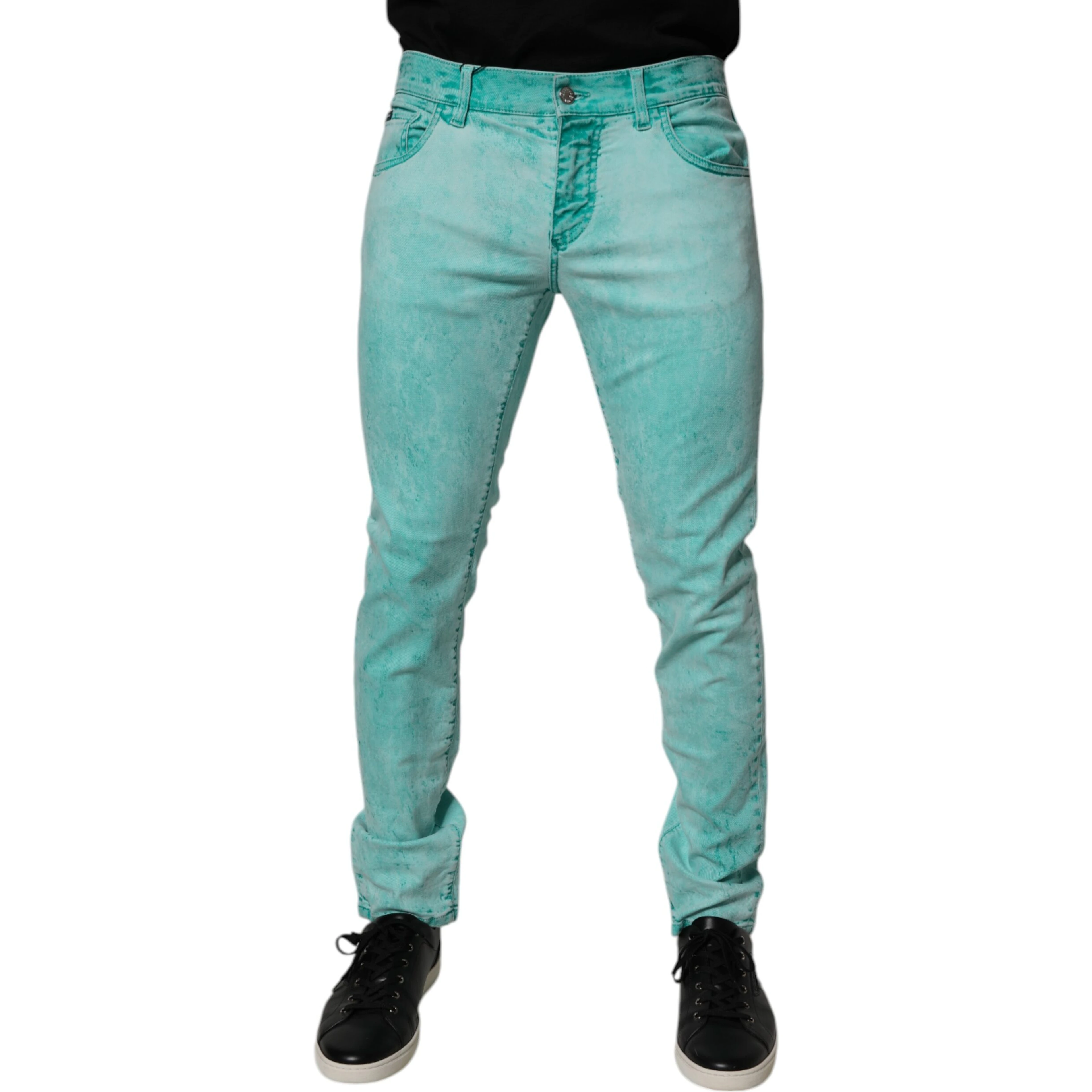 Green Tie Dye Cotton Skinny Men Denim Jeans