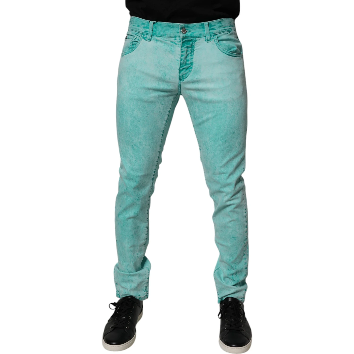 Green Tie Dye Cotton Skinny Men Denim Jeans