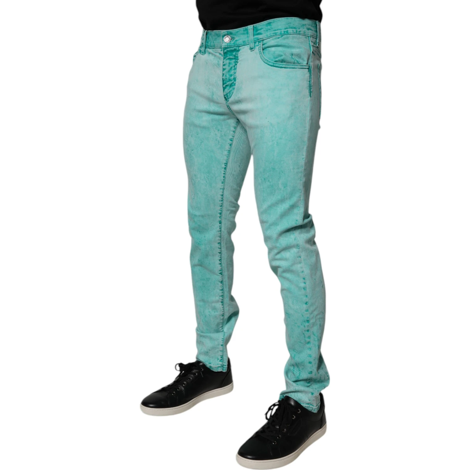 Green Tie Dye Cotton Skinny Men Denim Jeans