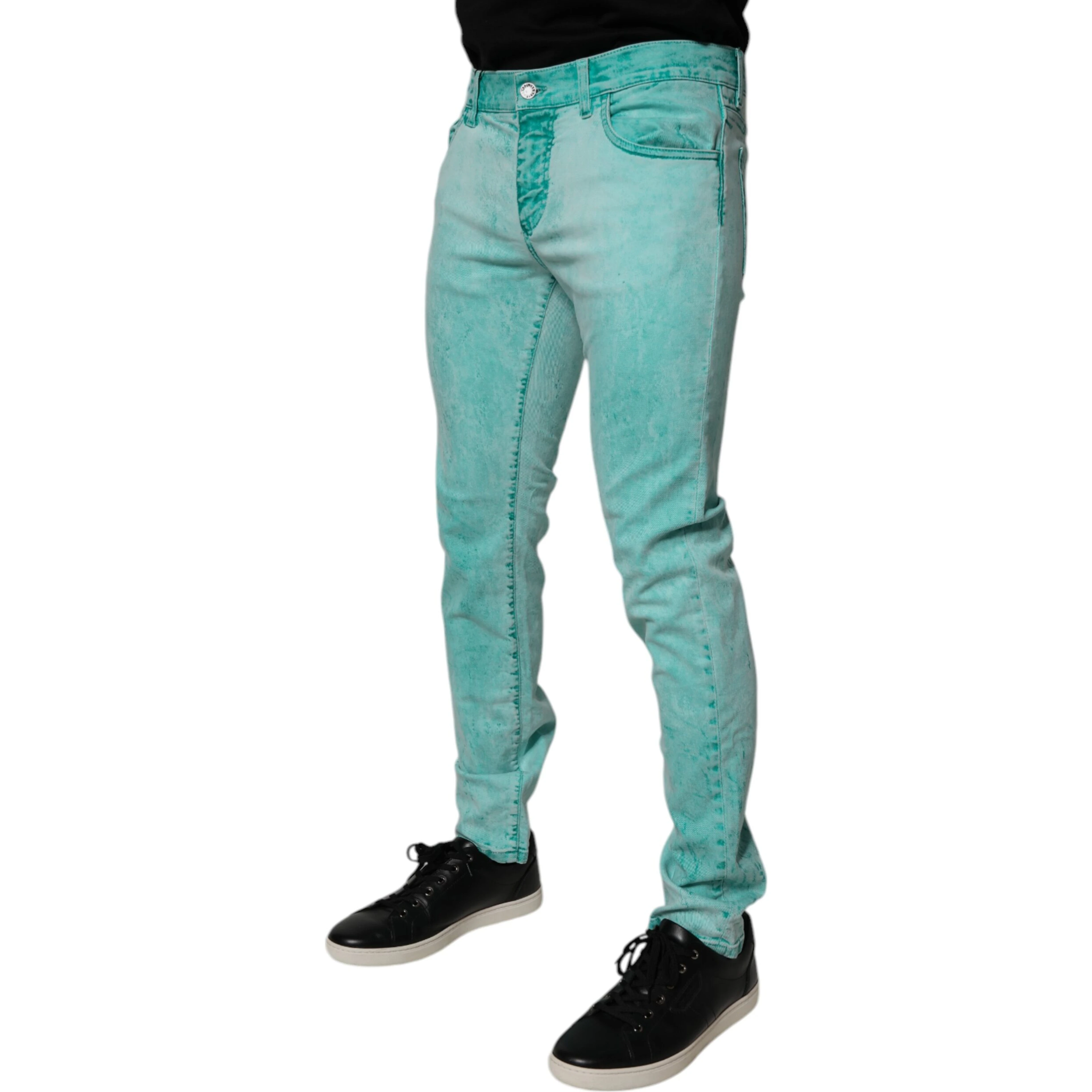 Green Tie Dye Cotton Skinny Men Denim Jeans