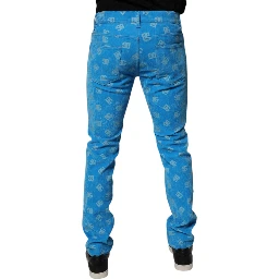 Blue Logo Monogram Cotton Skinny Denim Jeans