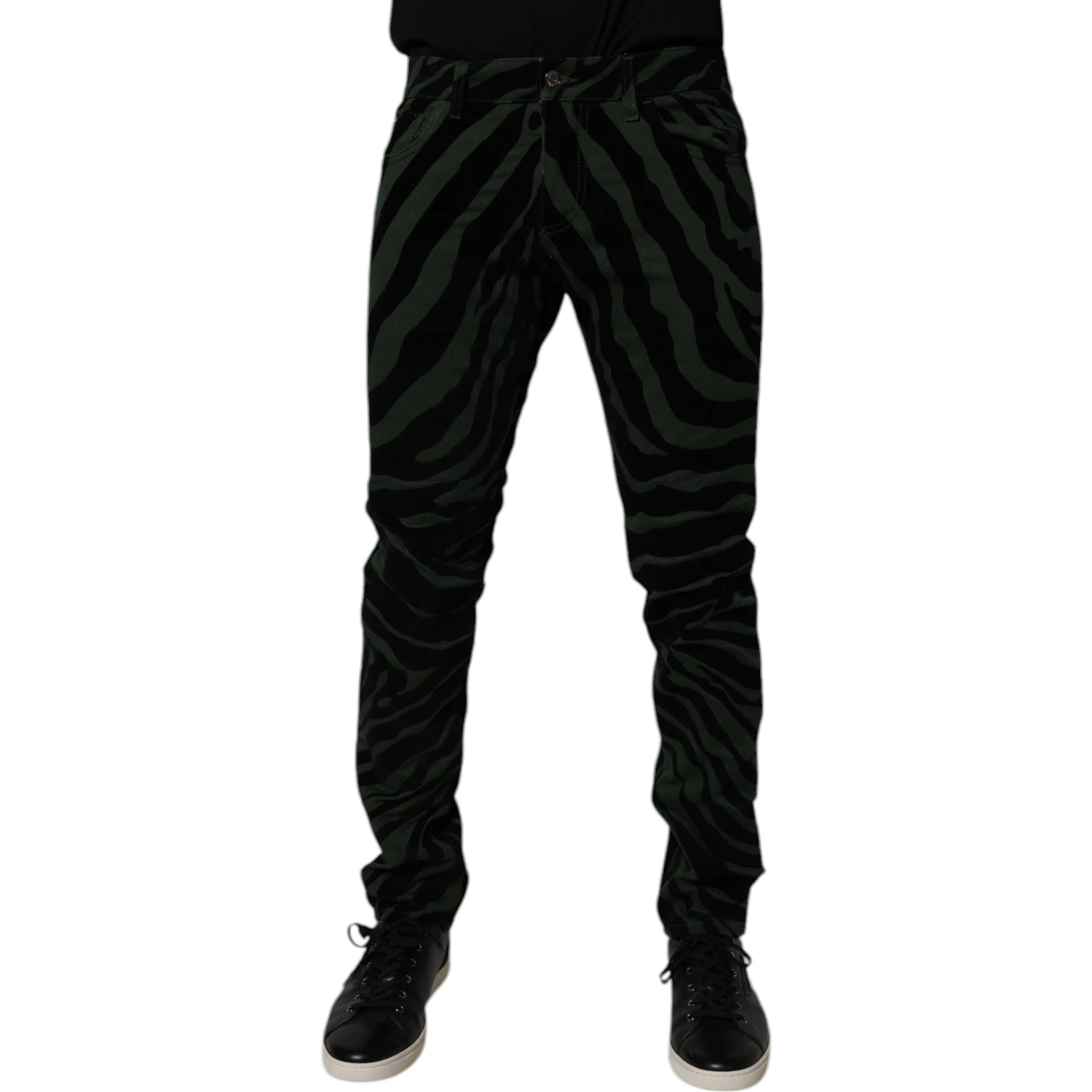 Black Green Stripes Cotton Skinny Denim Jeans