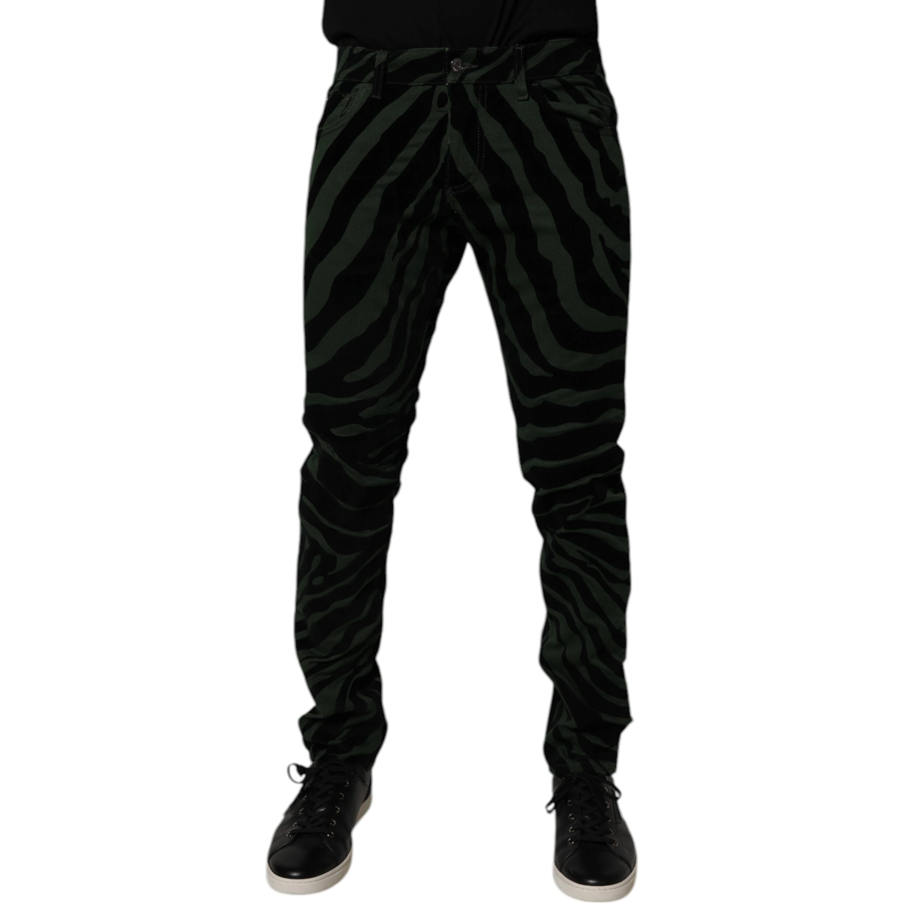 Black Green Stripes Cotton Skinny Denim Jeans