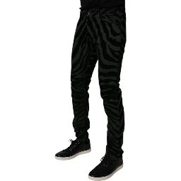 Black Green Stripes Cotton Skinny Denim Jeans