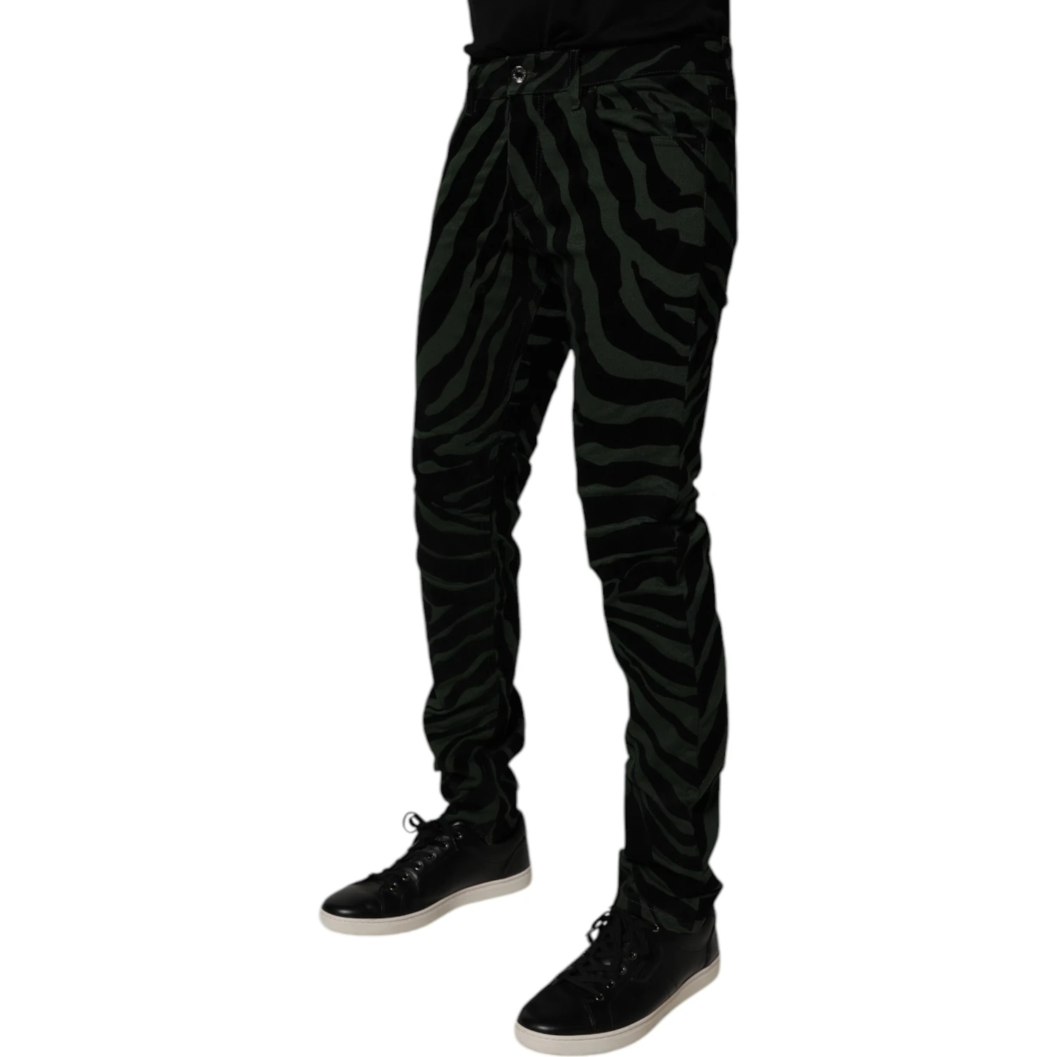 Black Green Stripes Cotton Skinny Denim Jeans