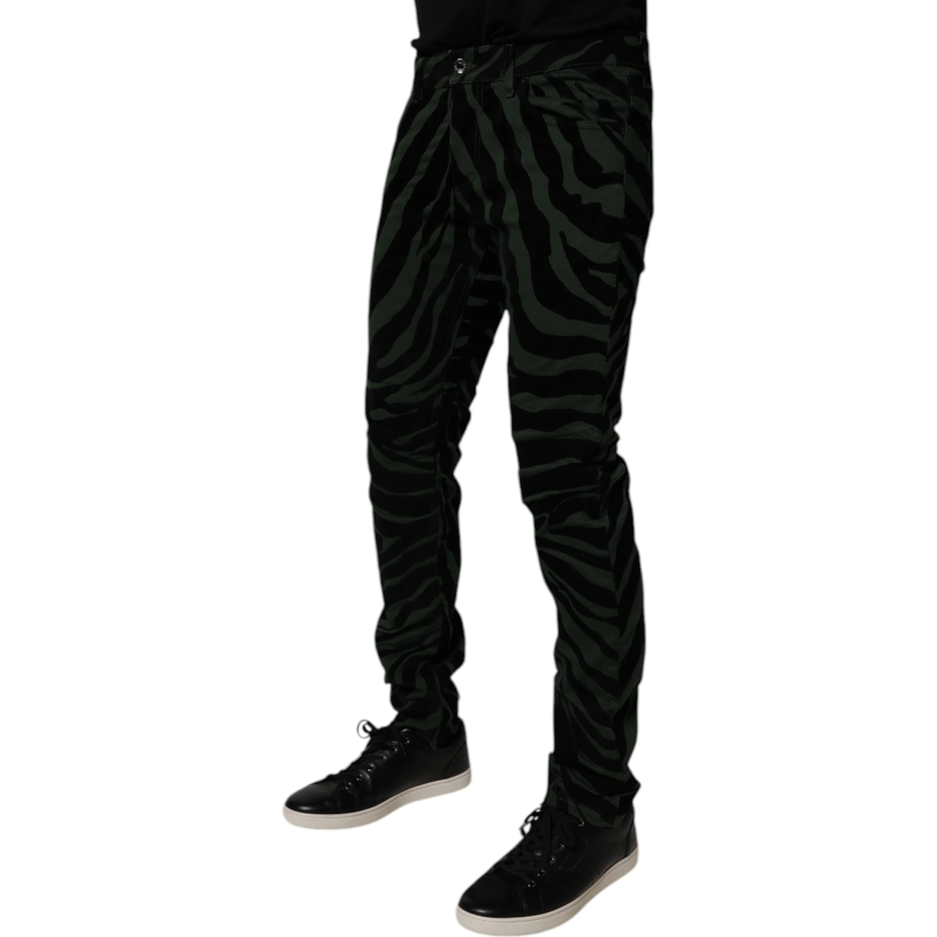 Black Green Stripes Cotton Skinny Denim Jeans