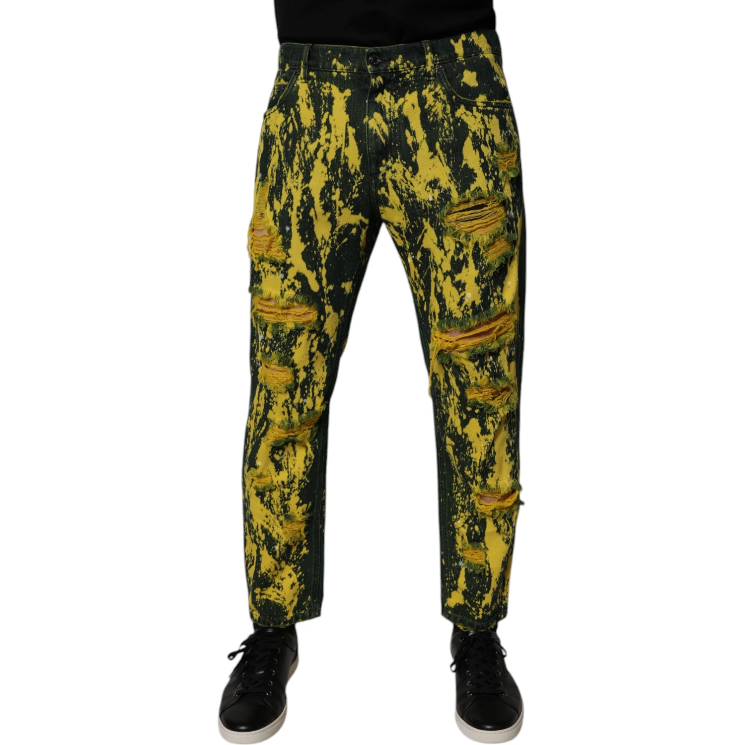 Black Yellow Tie Dye Tattered Skinny Men Denim Jeans