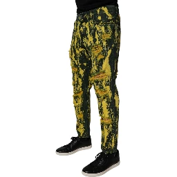 Black Yellow Tie Dye Tattered Skinny Men Denim Jeans