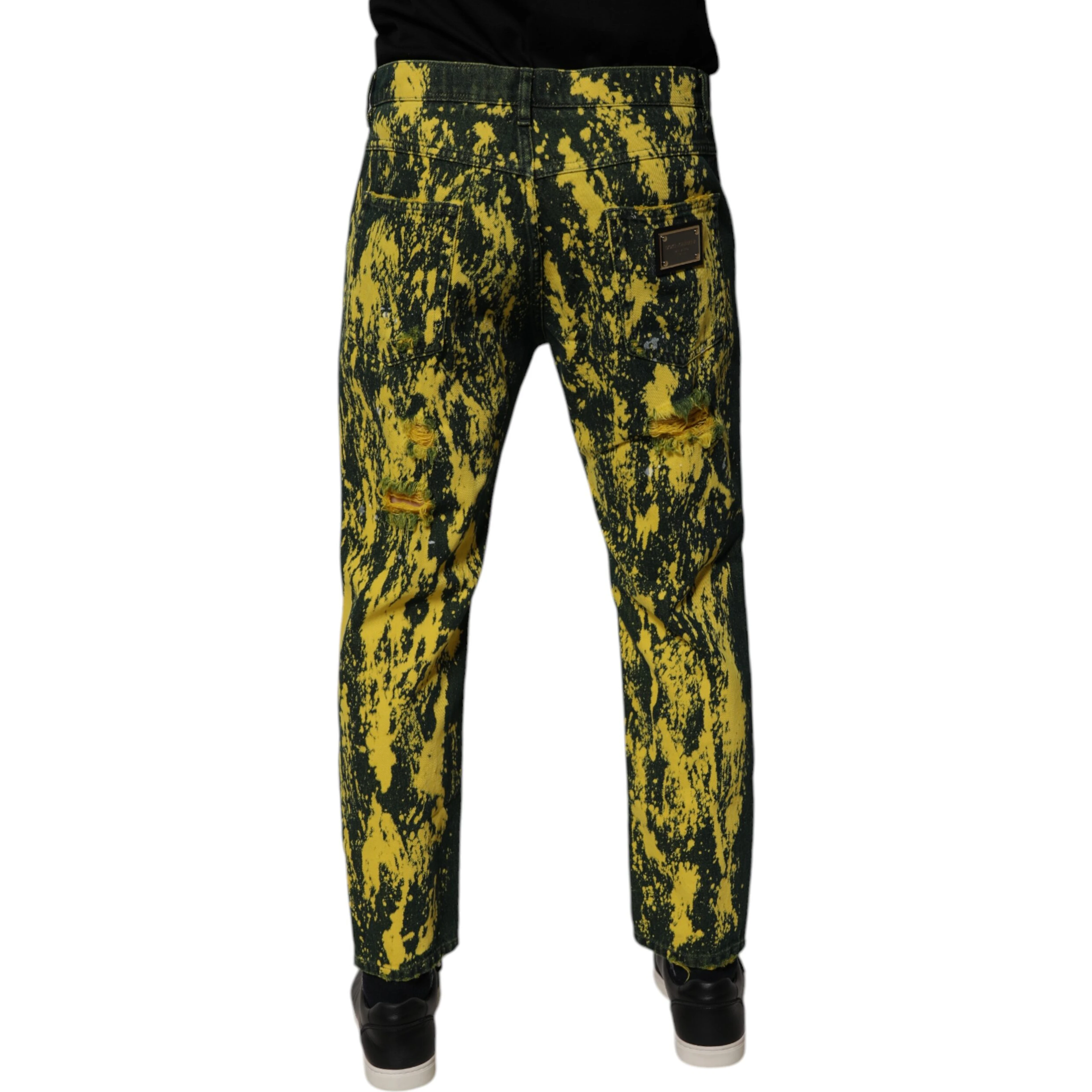 Black Yellow Tie Dye Tattered Skinny Men Denim Jeans