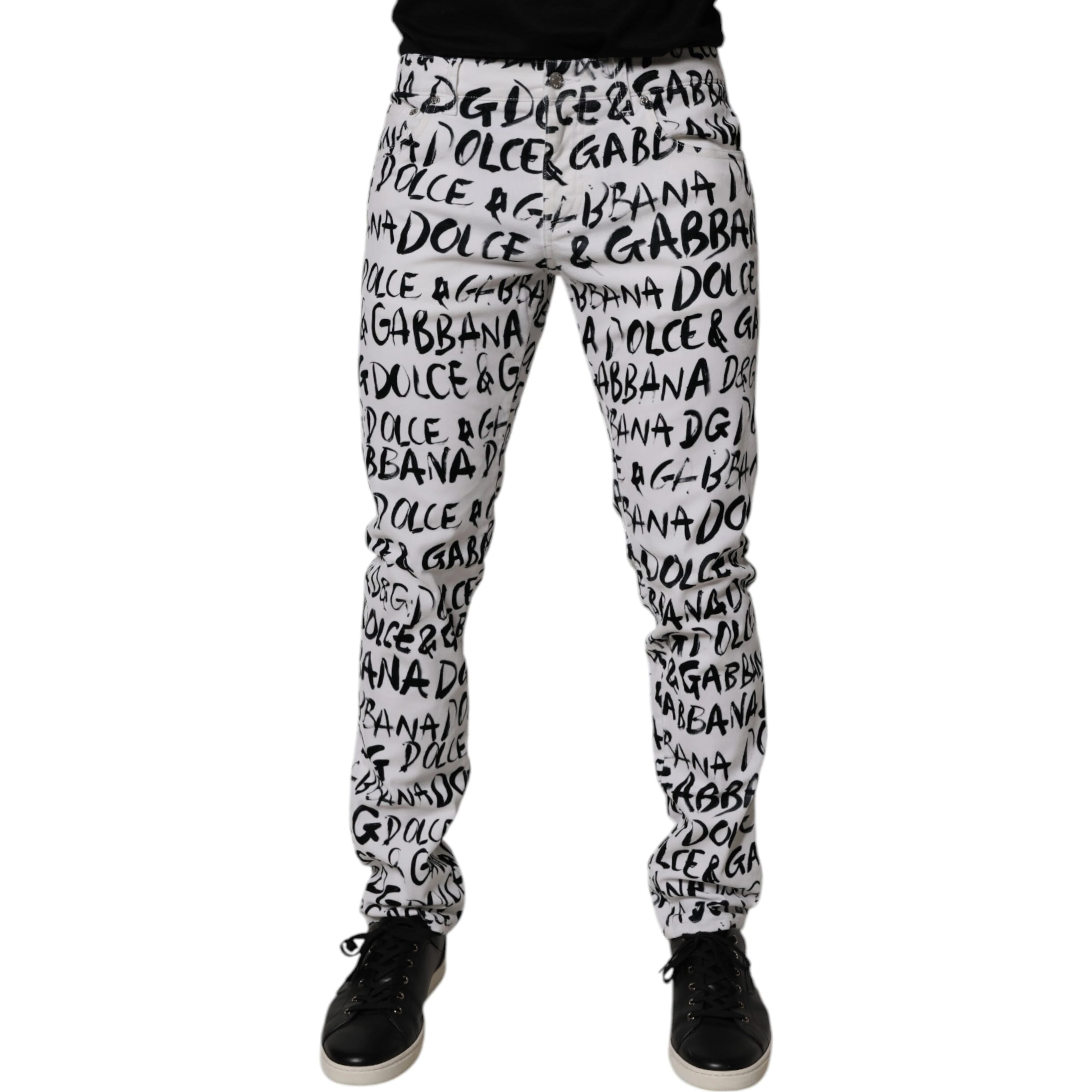 White Cotton Logo Print Skinny Denim Jeans