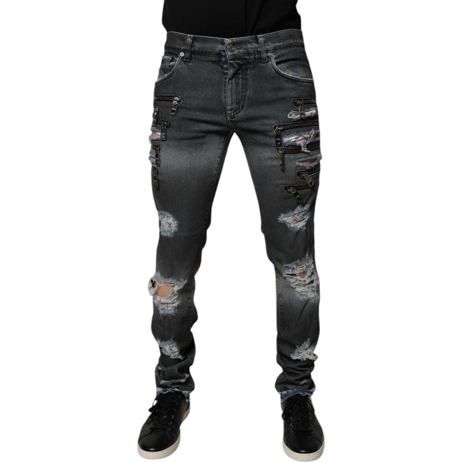 Dark Gray Tattered Cotton Skinny Denim Jeans