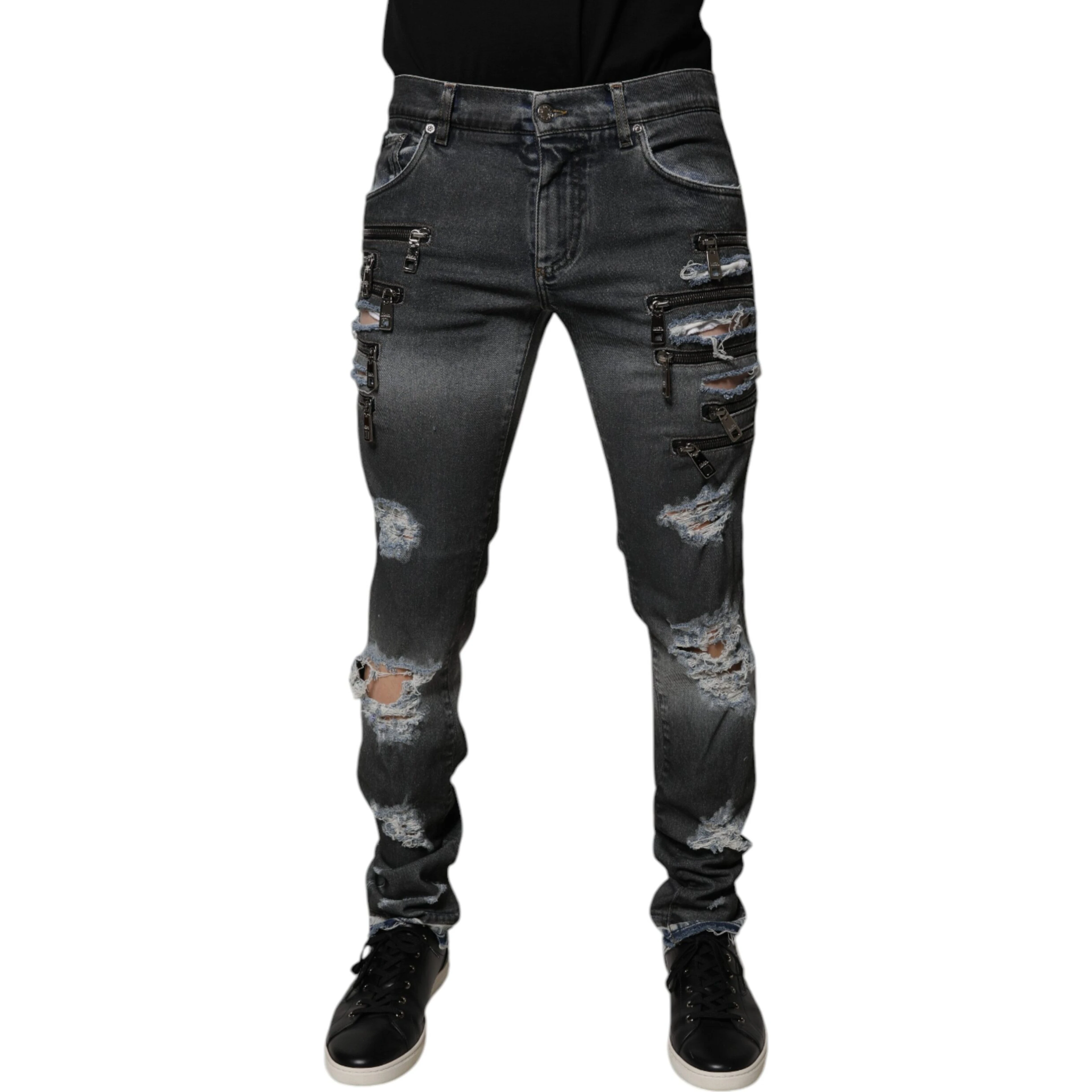 Dark Gray Tattered Cotton Skinny Denim Jeans